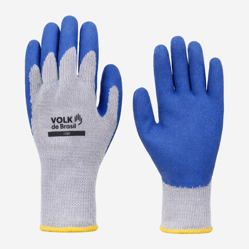 Luva de Proteção Contra Rasgos Tricotada em Algodão e Poliéster Cinza Com Banho de Látex Azul na Palma e Dedos Volk Grip 10.10.600.32 C.A 18007