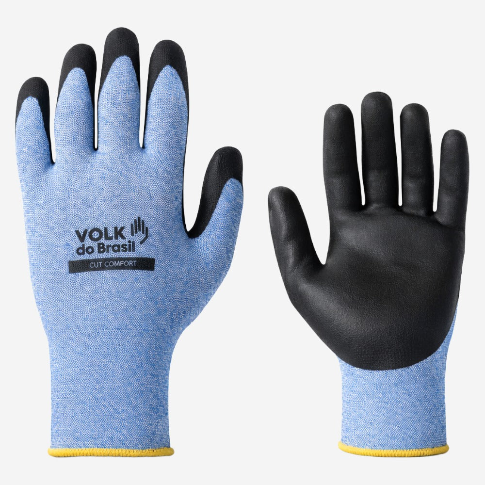 Luva de Proteção Anticorte Rasgos Tricotada em HPPE Azul Com Banho Nitrílico Preto na Palma e Dedos Volk Cut Comfort 10.14.180.29 C.A 37181