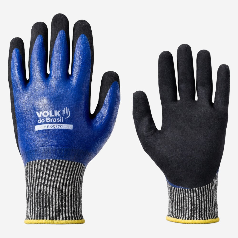 Luva de Proteção Abrasão Rasgos Perfurações Anticorte Produtos Químicos Tricotada em HPPE Com Banho Nitrílico Duplo Azul e Preto Volk Cut Oil Full 10.19.042.50 C.A 36848