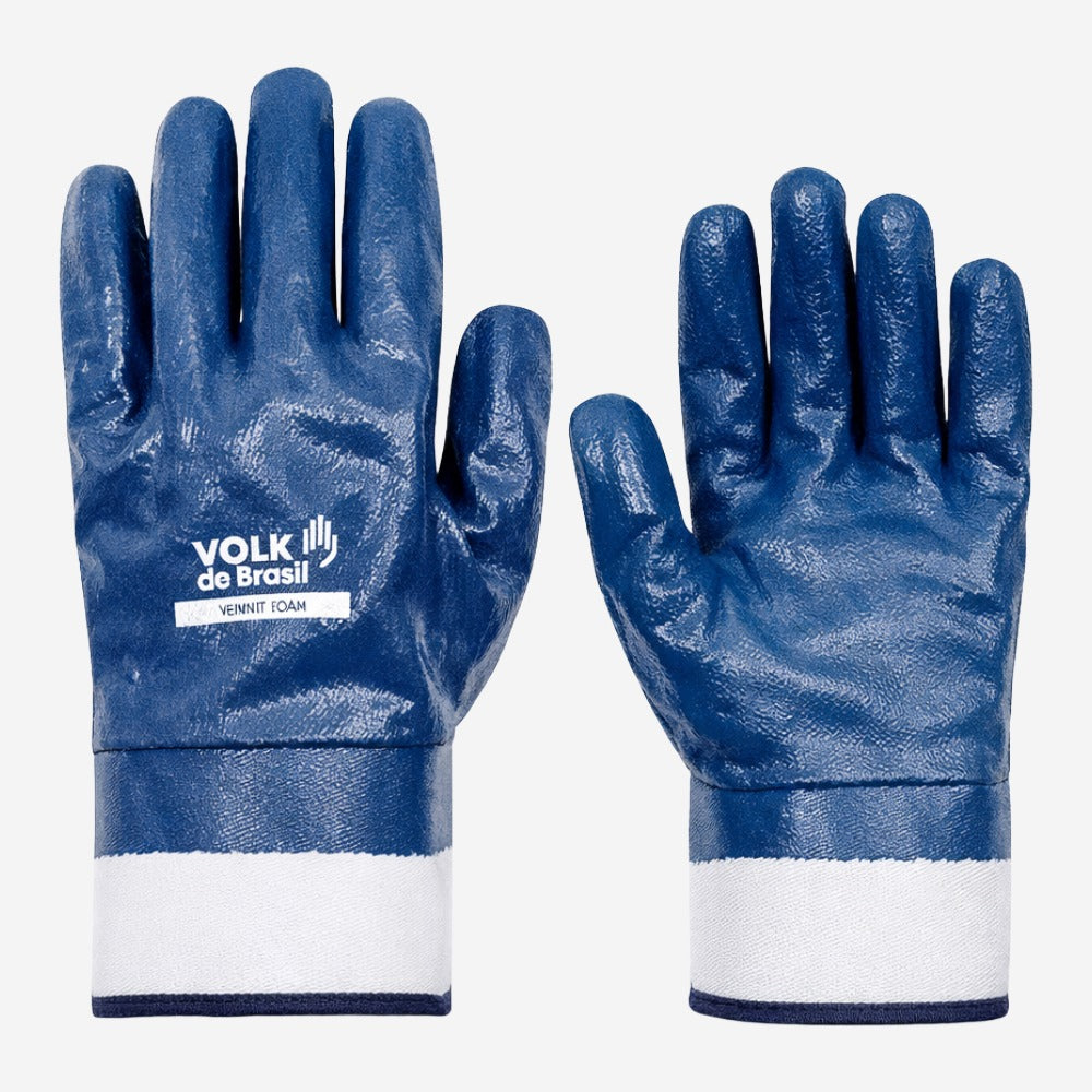 Luva de Proteção Abrasão Produtos Químicos Algodão Com Banho Nitrílico Azul Punho de Lona Saque Rápido Volk VdBNit 10.66.960.14 C.A 25116