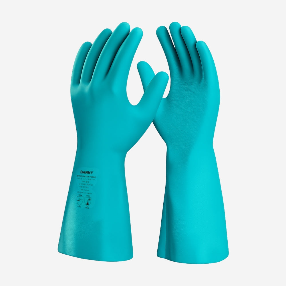 Luva de Proteção Produtos Químicos Abrasão Borracha Nitrílica Verde Cano Longo de 33 cm Com Forro em Algodão Danny Nitriflex DA-36.101 C.A. 40189