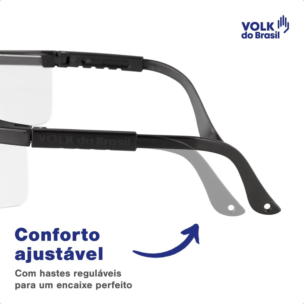 Óculos de Segurança Incolor Frontal e Lateral Lente em Policarbonato Antirrisco Haste Preta Volk Vvision 100 24.24.288.11 C.A 42716