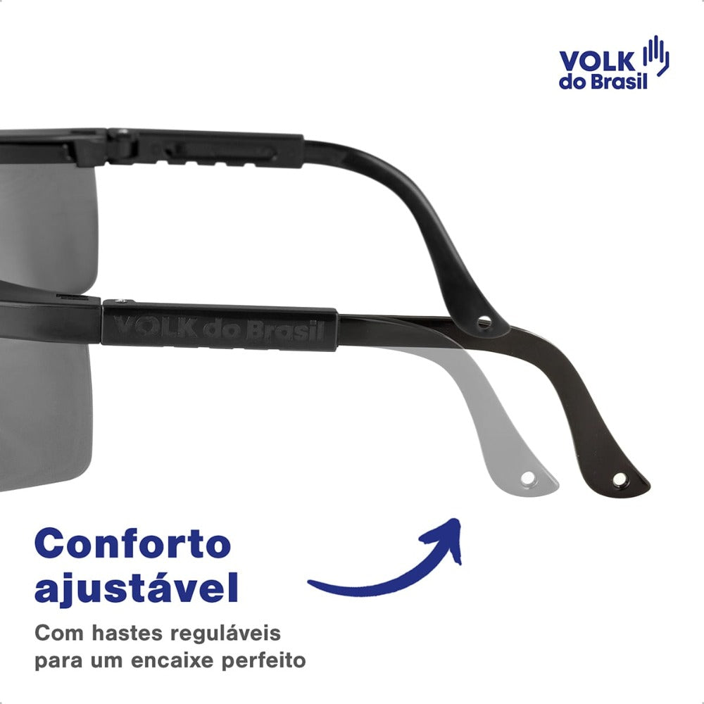 Óculos de Segurança Cinza Frontal e Lateral Lente em Policarbonato Antirrisco Haste Preta Volk Vvision 100 24.24.288.11 C.A 42716