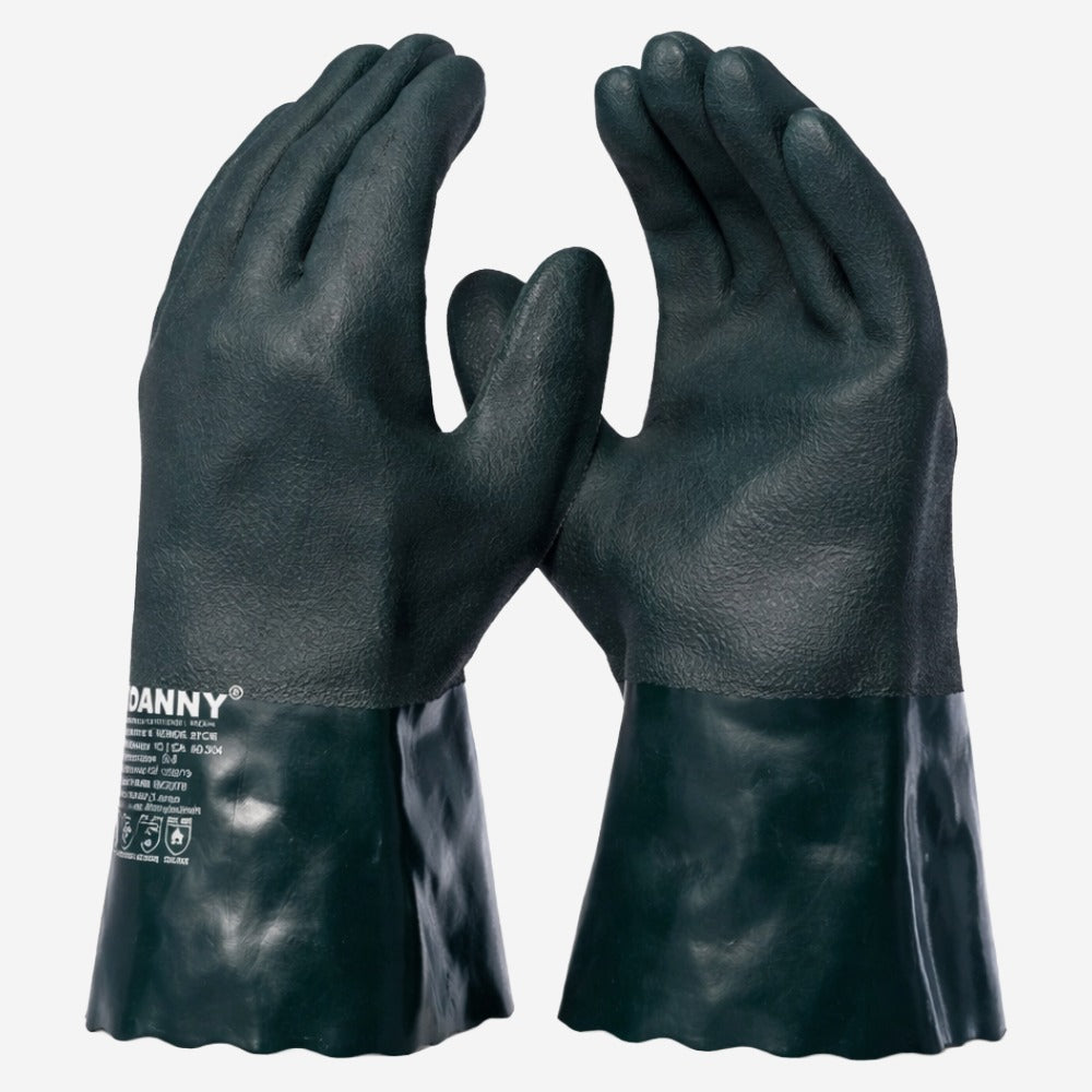 Luva de Proteção Óleos e Graxas Abrasão Produtos Químicos Altas Temperaturas Até 250º C PVC Com Suporte Têxtil Verde Cano 27 cm Danny Petronit DA-12.210D C.A 40304