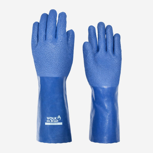 Luva de Proteção Abrasão Produtos Químicos Baixas Temperaturas Fibras Naturais Tipo Interlock Azul 35cm Palma Antiderrapante Volk Skinner PK 10.26.084.02 C.A 39925