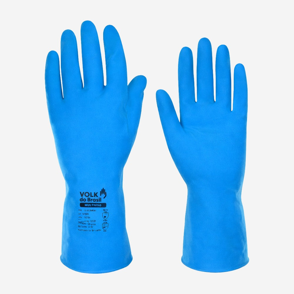 Luva de Proteção Produtos Químicos Multiuso Látex Azul Com Forro em Algodão Volk 10.51.044.02 C.A 10695