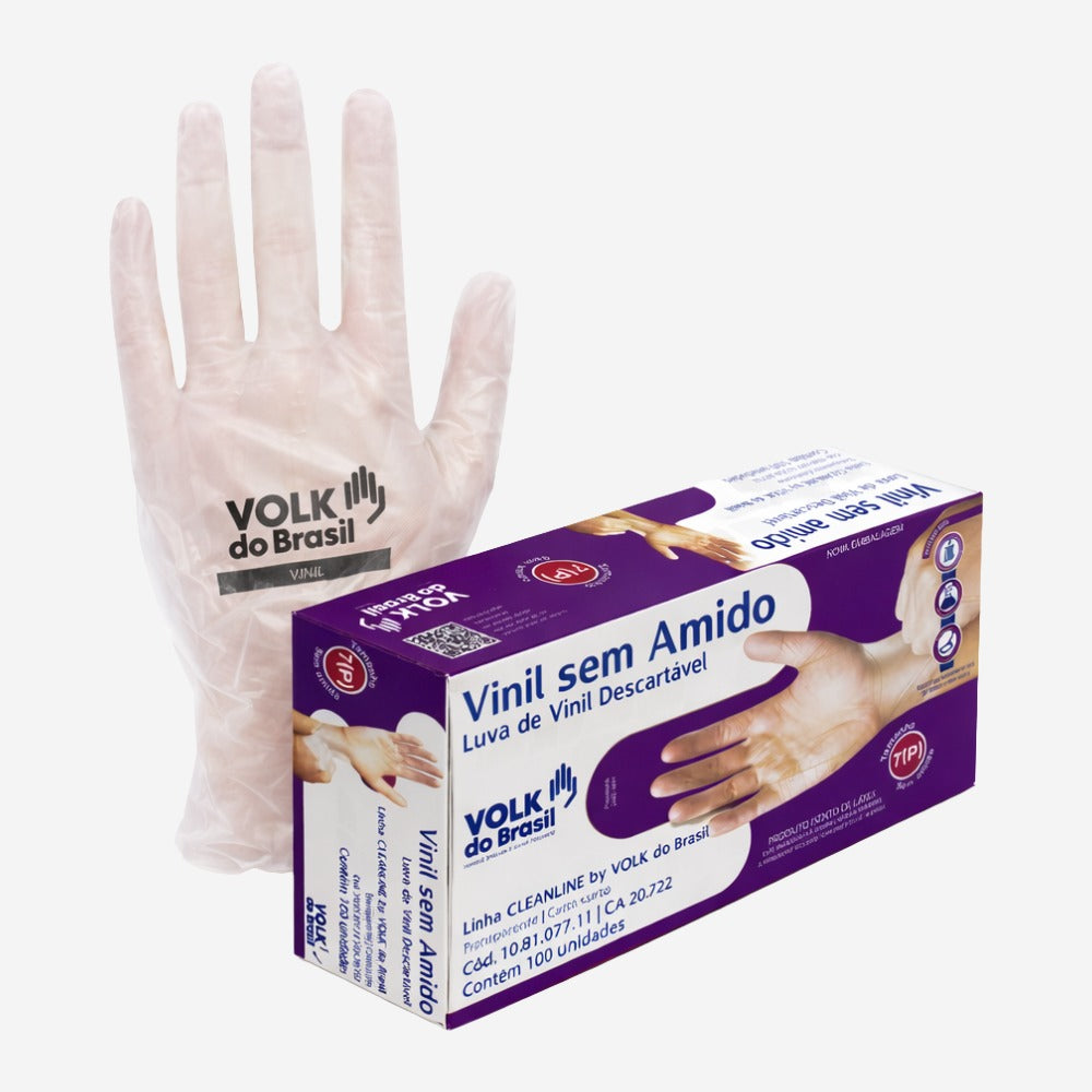 Luva de Proteção Descartável Para Procedimentos Produtos Químicos Vinil Sem Amido Transparente Pacote com 100 Unidades Volk 10.81.077.11 C.A 20722
