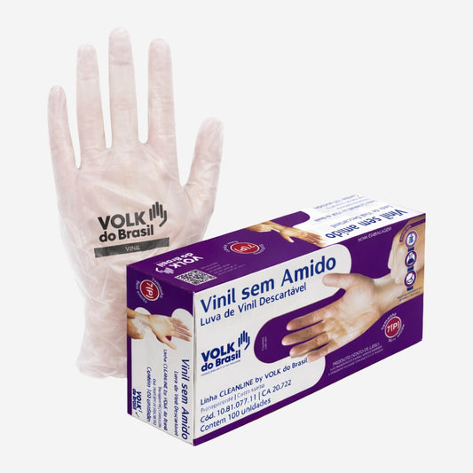 Luva de Proteção Descartável Para Procedimentos Produtos Químicos Vinil Sem Amido Transparente Pacote com 100 Unidades Volk 10.81.077.11 C.A 20722