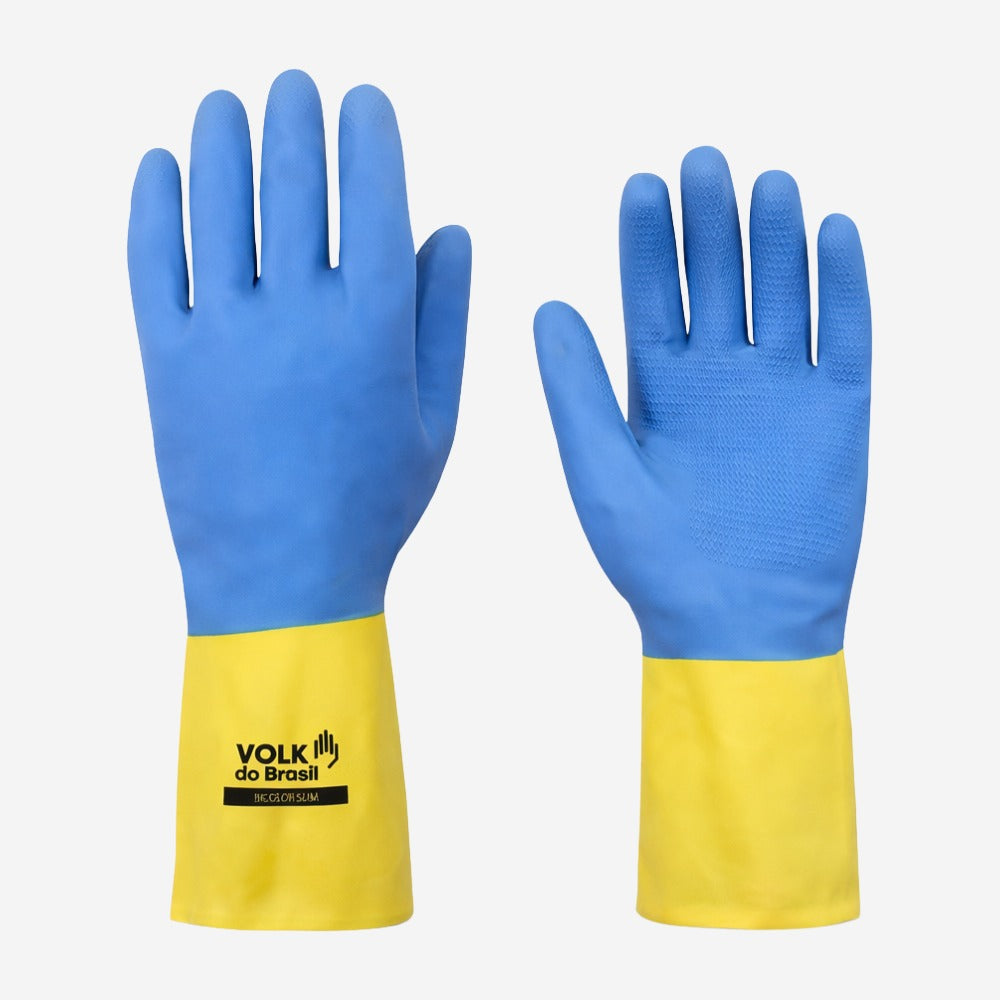 Luva de Proteção Produtos Químicos Altas Temperaturas Até 250º C Látex e Neoprene Azul e Amarelo Com Forro em Algodão Palma Antiderrapante Volk Bicolor 10.85.018.30 C.A 16779