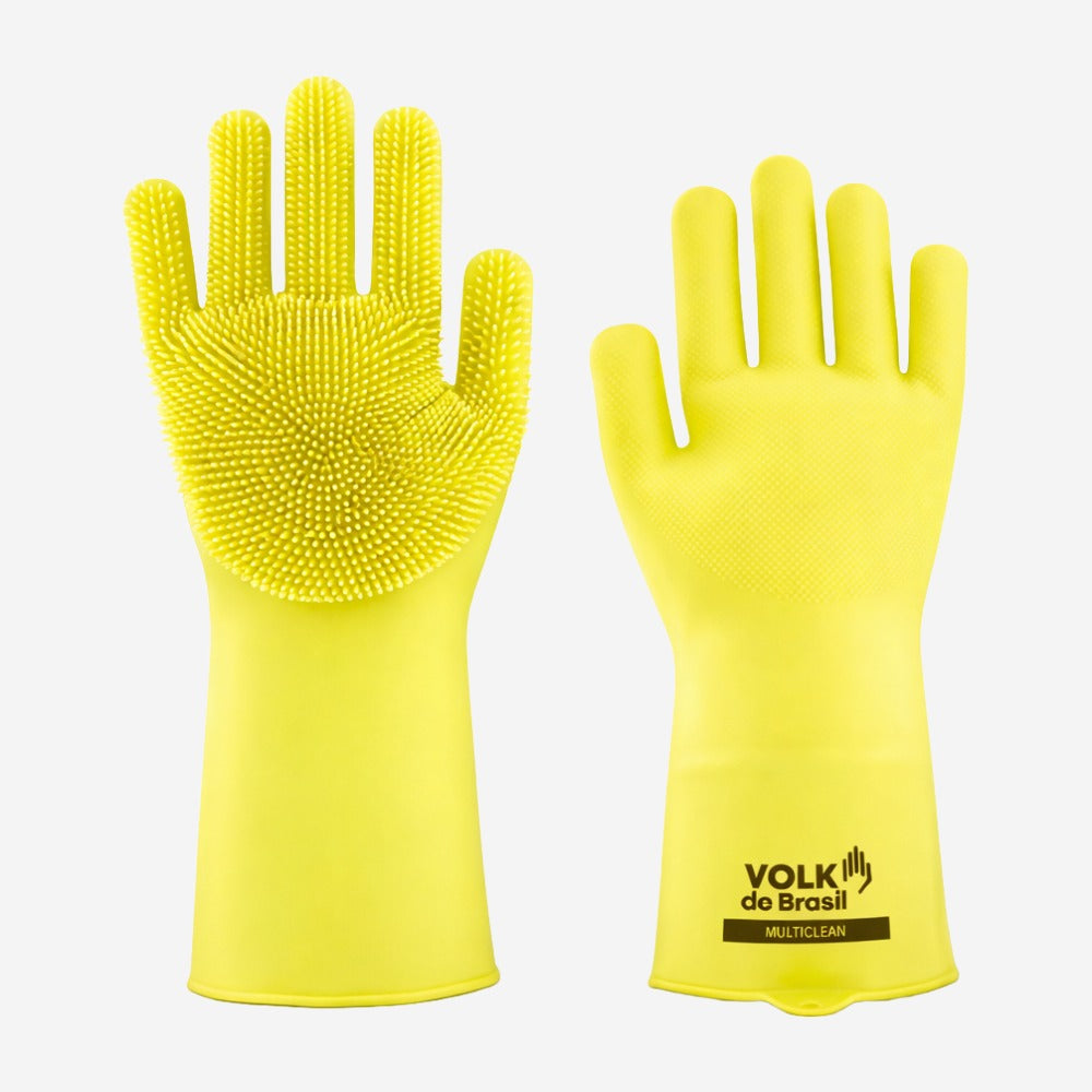 Luva de Proteção Limpeza Produtos Químicos Silicone Amarelo Com Cerdas na Palma Volk Multiclean 10.07.999.01 C.A 44583