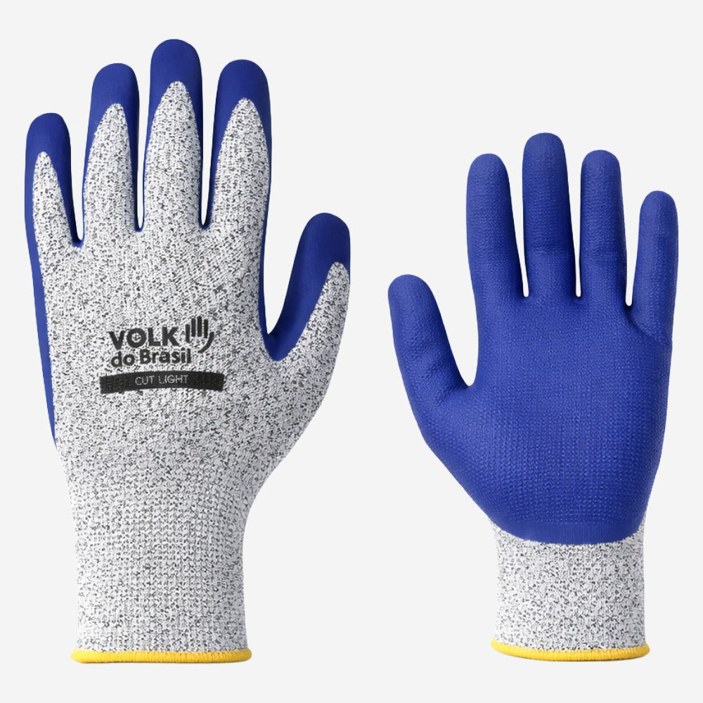 Luva de Proteção Anticorte Rasgos Altas Temperaturas Até 250º C Tricotada em HPPE Cinza Com Banho de Látex Azul na Palma e Dedos Volk Cut Grip 10.15.064.26 CA 38732
