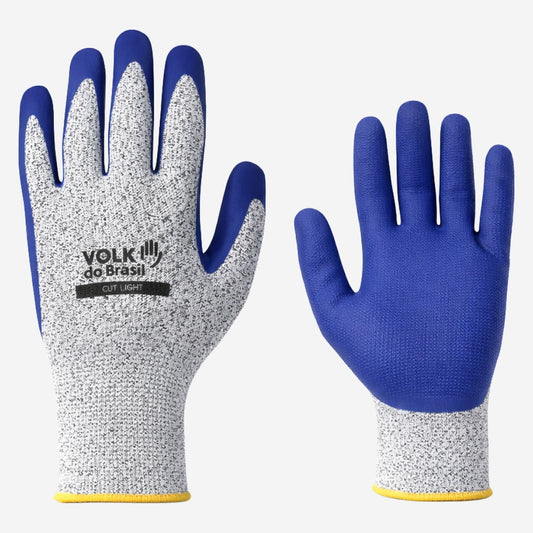 Luva de Proteção Anticorte Rasgos Altas Temperaturas Até 250º C Tricotada em HPPE Cinza Com Banho de Látex Azul na Palma e Dedos Volk Cut Grip 10.15.064.26 C.A 38732