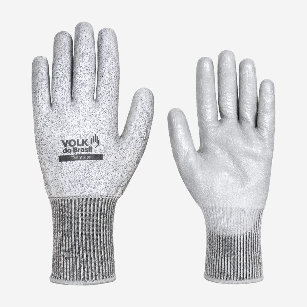 Luva de Proteção Anticorte Abrasão Tricotada em Fio de Aço e HPPE Cinza Com Banho de PU na Palma Volk Cut Smart 10.15.121.09 C.A 39416