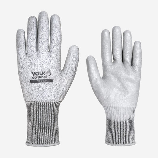 Luva de Proteção Anticorte Abrasão Tricotada em Fio de Aço e HPPE Cinza Com Banho de PU na Palma Volk Cut Smart 10.15.121.09 C.A 39416