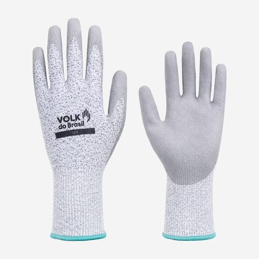 Luva de Proteção Anticorte HPPE Cinza Com Banho De PU na Palma Punho Tricotado Volk Cut  10.15.180.09 C.A 37266