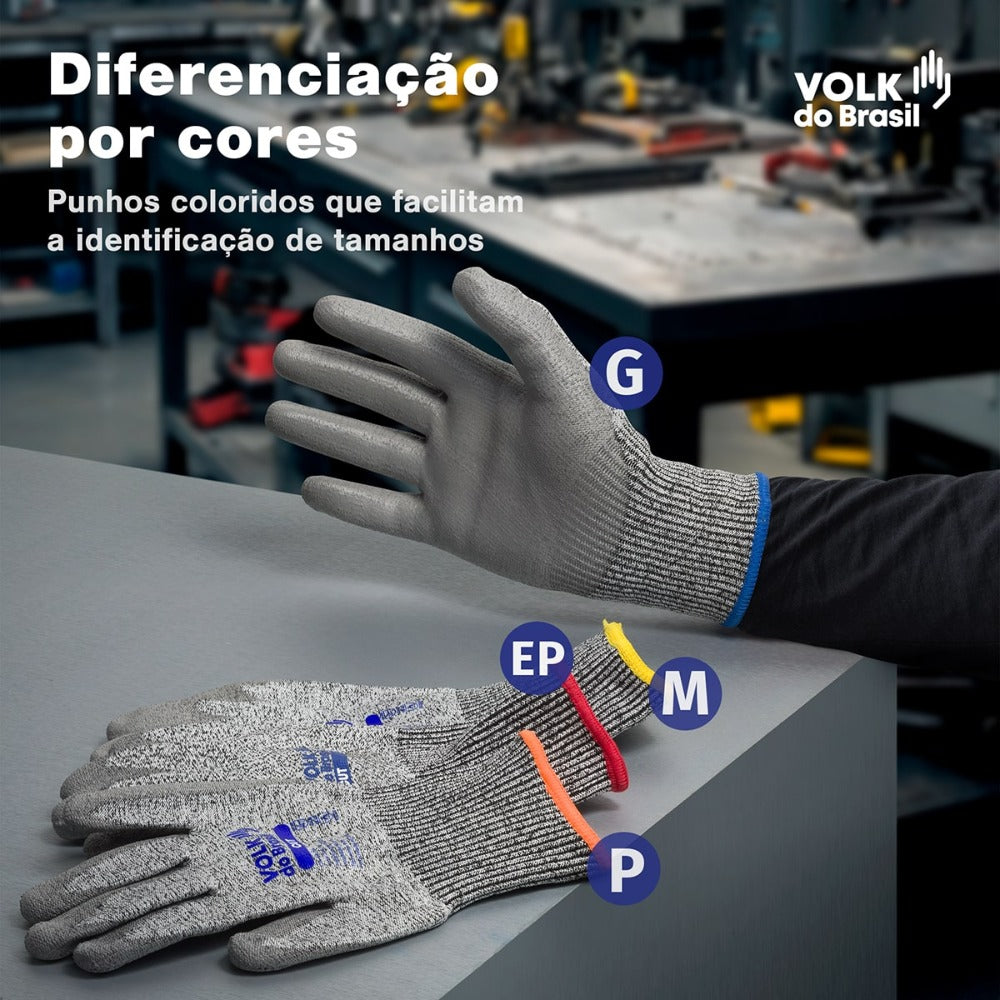 Luva de Proteção Anticorte HPPE Cinza Com Banho De PU na Palma Punho Tricotado Volk Cut  10.15.180.09 C.A 37266