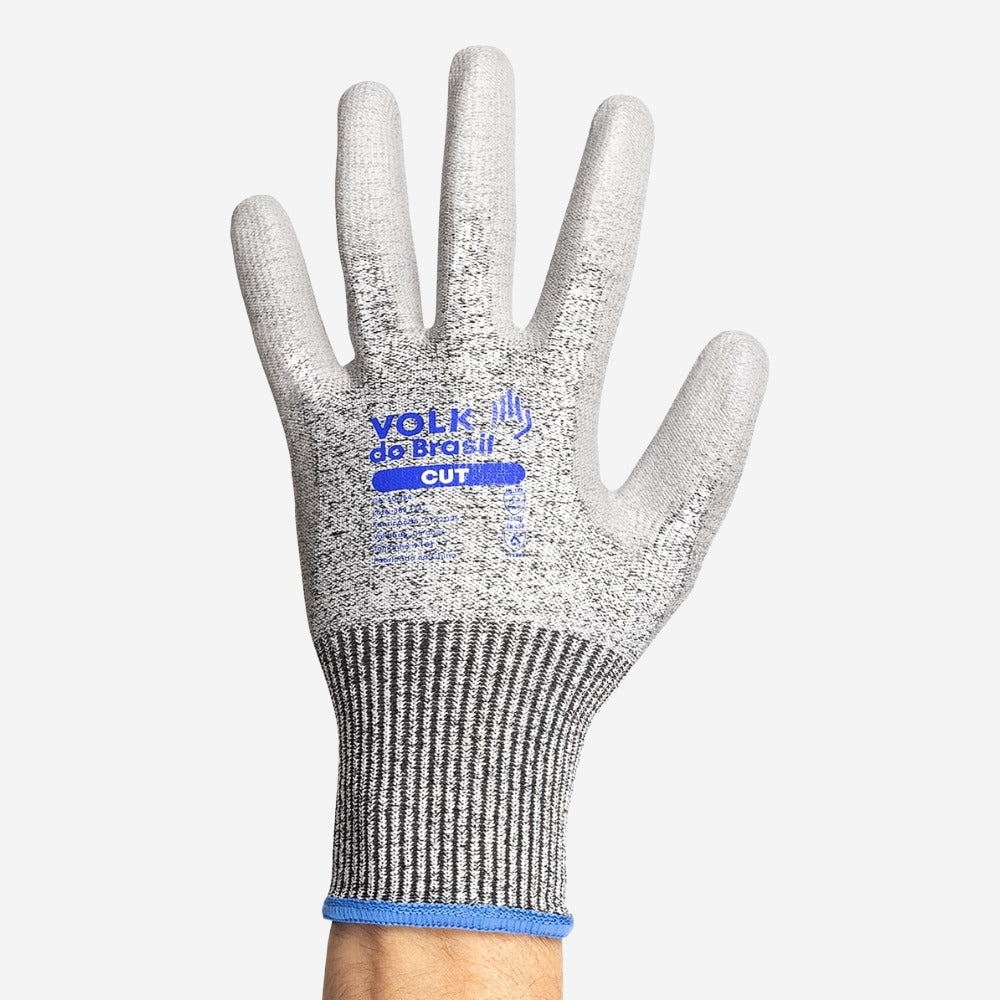 Luva de Proteção Anticorte HPPE Cinza Com Banho De PU na Palma Punho Tricotado Volk Cut  10.15.180.09 C.A 37266