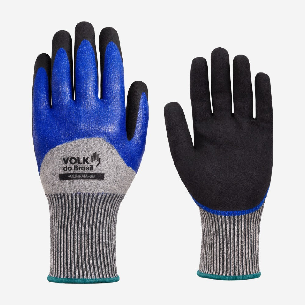 Luva de Proteção Anticorte Abrasão Óleos e Graxas Tricotada em HPPE Cinza Com Banho 3/4 Nitrílico Preto Volk Cut Oil Plus 10.19.029.50 C.A 36607
