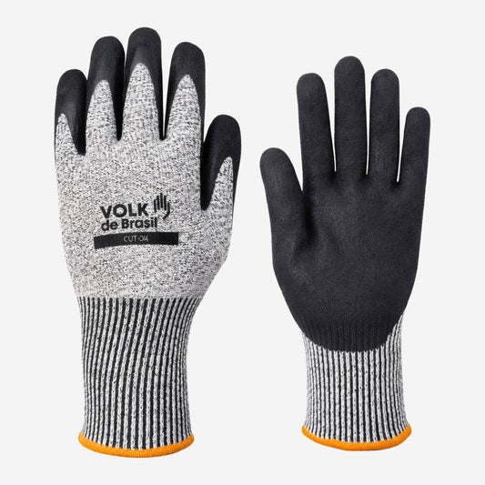 Luva de Proteção Anticorte Abrasão Rasgos Tricotada em HPPE Cinza Com Banho Nitrílico Preto na Palma e Dedos Volk Cut Oil 10.19.041.41 C.A 36606