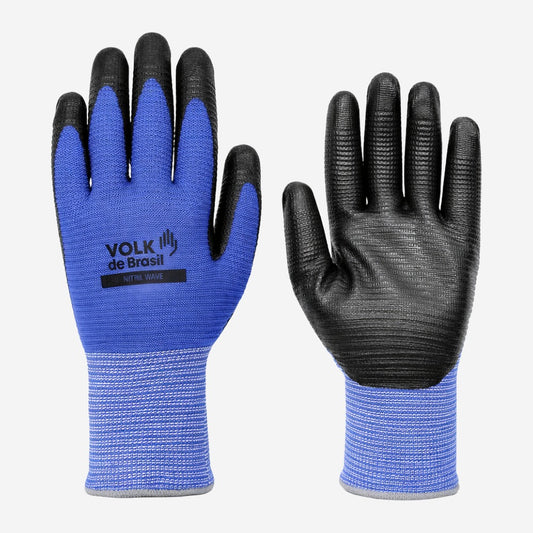 Luva de Proteção Abrasão Fibra Sintética Azul com Banho Nitrílico Preto na Palma e Dedos Volk Nitril Wave 10.30.055.29 C.A 38932