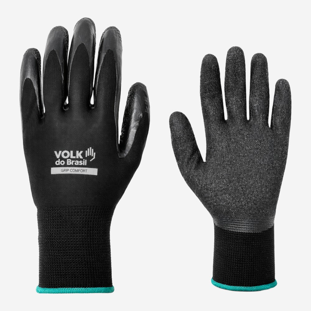 Luva de Proteção Serviços Gerais Tricotada em Fibra Sintética Preta Com Banho de Látex na Palma e Dedos Volk Grip Comfort 10.30.600.07 C.A 38293