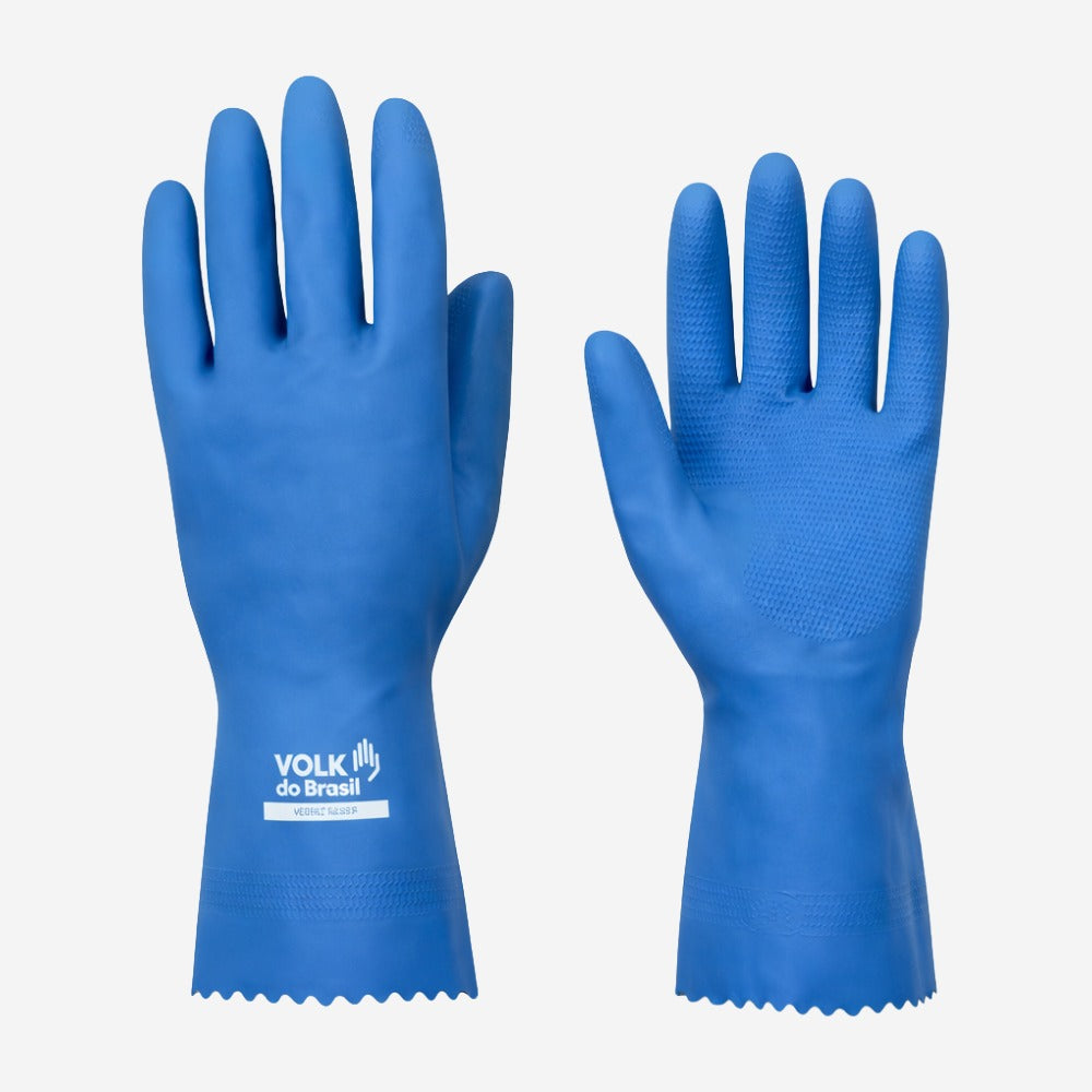 Luva de Proteção Produtos Químicos Latéx Azul Com Forro em Verniz Silver Palma Antiderrapante Volk 10.51.038.02 C.A 16312