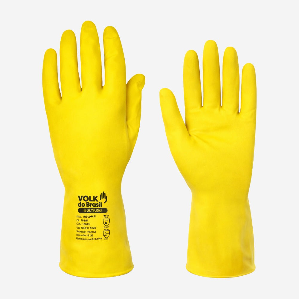 Luva de Proteção Multiuso Produtos Químicos Latéx Amarelo Com Forro em Algodão Palma Antiderrapante Volk 10.53.044.01 C.A 38310