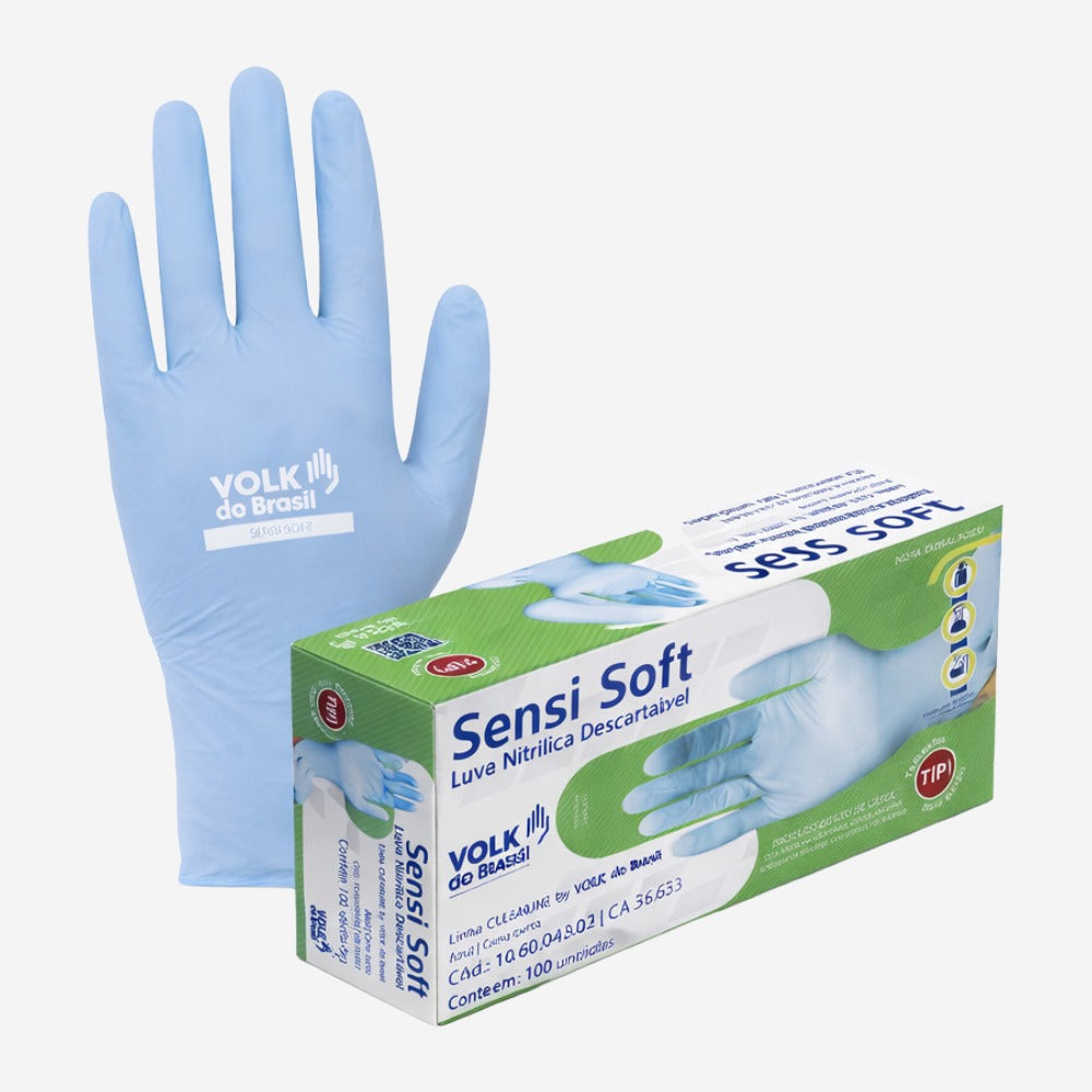 Luva de Proteção Descartável Produtos Químicos Nitrílica Azul Claro Sem Amido Pacote Com 100 Unidades Volk Sensi Soft 10.60.043.02 C.A 35633