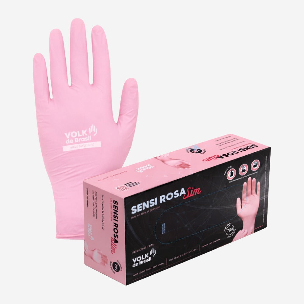 Luva de Proteção Descartável Para Procedimentos Nitrílica Rosa Pacote Com 100 Unidades Volk Sensi Slim 10.60.116.20 C.A 49920