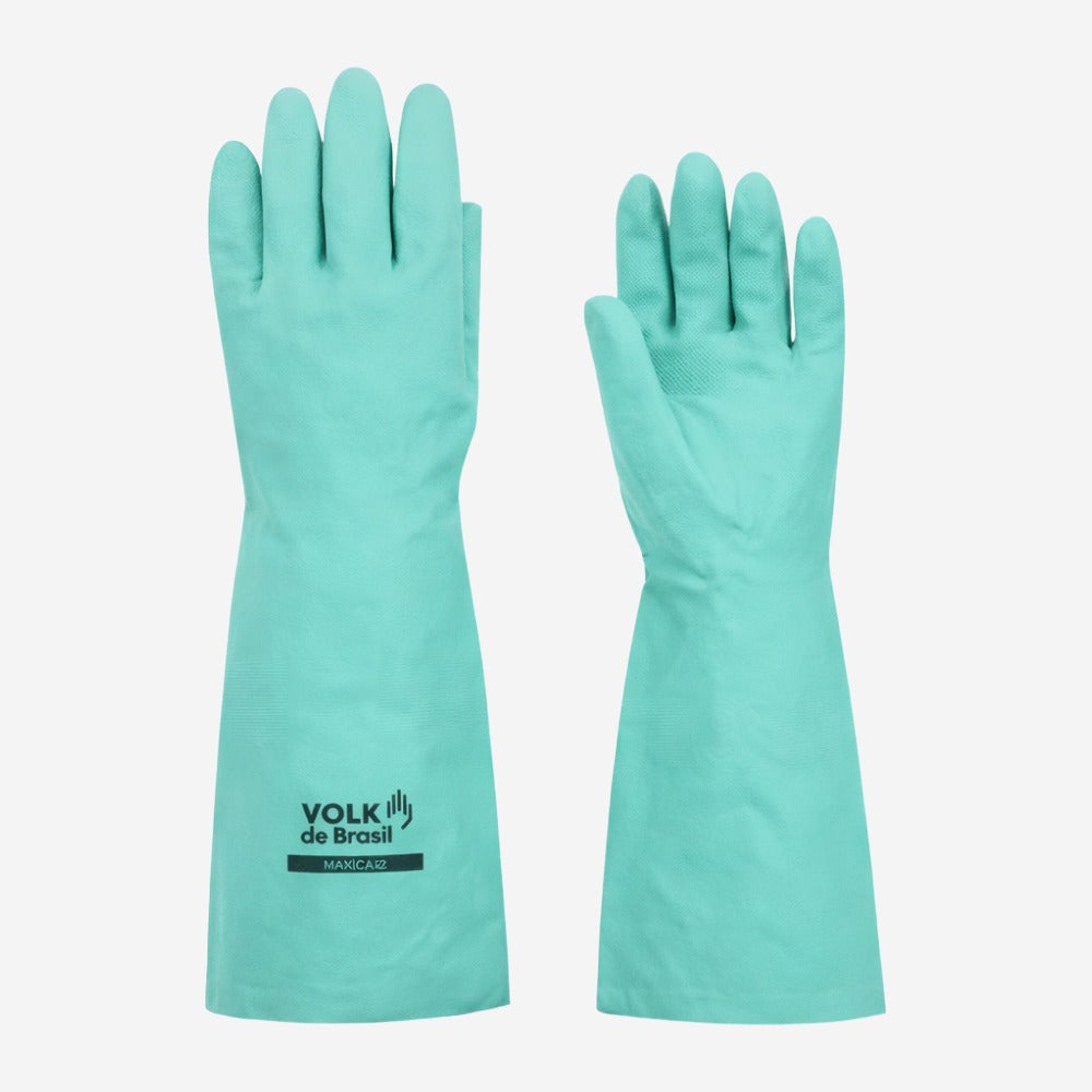Luva de Proteção  Produtos Químicos Nitrílica Verde 45cm Palma Antiderrapante Volk 10.62.067.03 C.A 14334