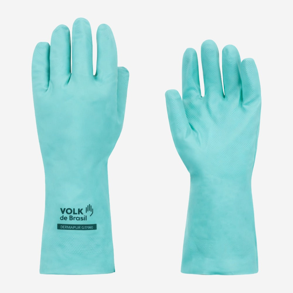 Luva de Proteção Produtos Químicos Nitrílica Verde Com Forro em Algodão 33cm Palma Antiderrapante Volk 10.65.018.03 C.A 16313