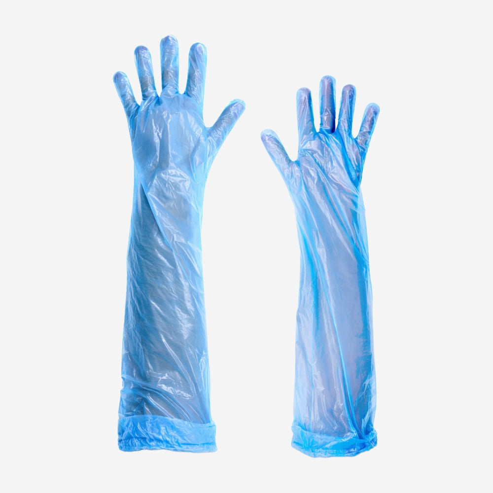 Luva de Proteção Descartável Manuseio de Alimentos Polietileno Azul Cano Longo 65cm Pacote com 100 Unidades Volk 10.73.664.02 C.A 37619