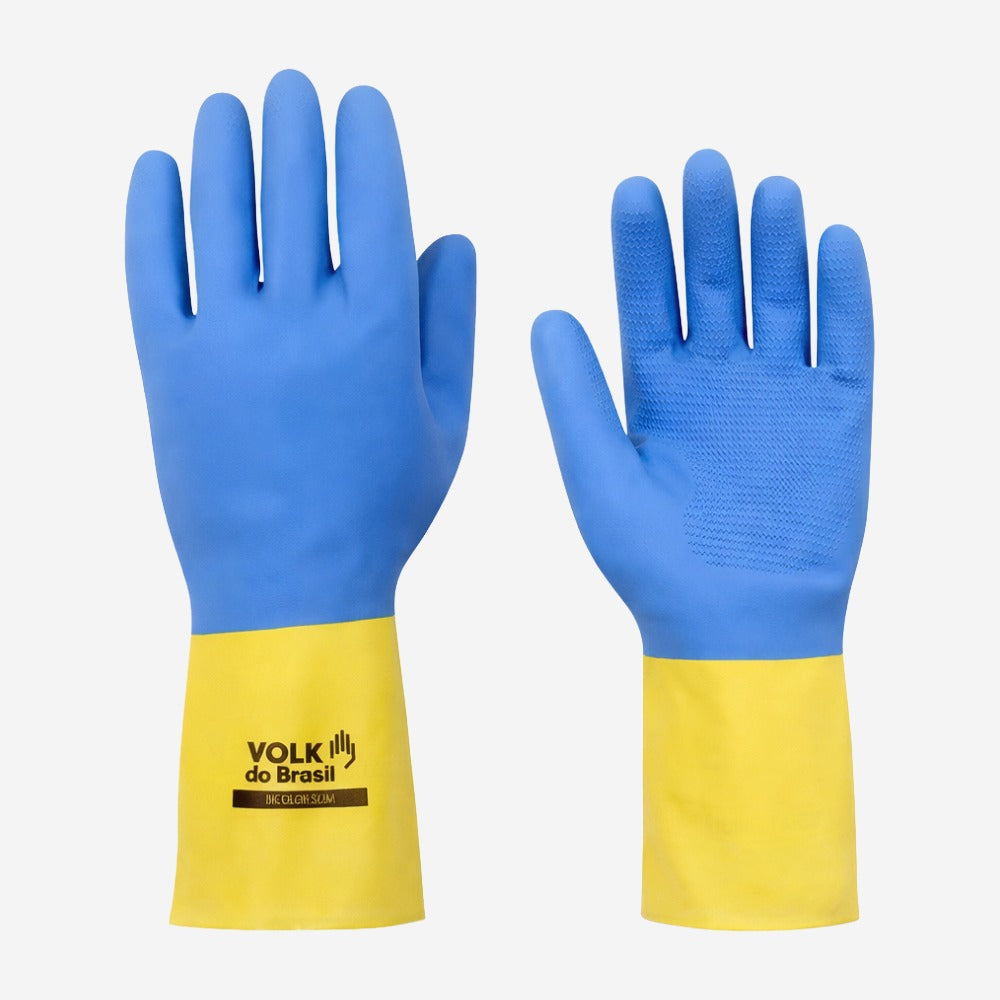 Luva Volk Bicolor Slim azul e amarela em látex e neoprene, 33 cm, código 10.83.018.30, CA 37900