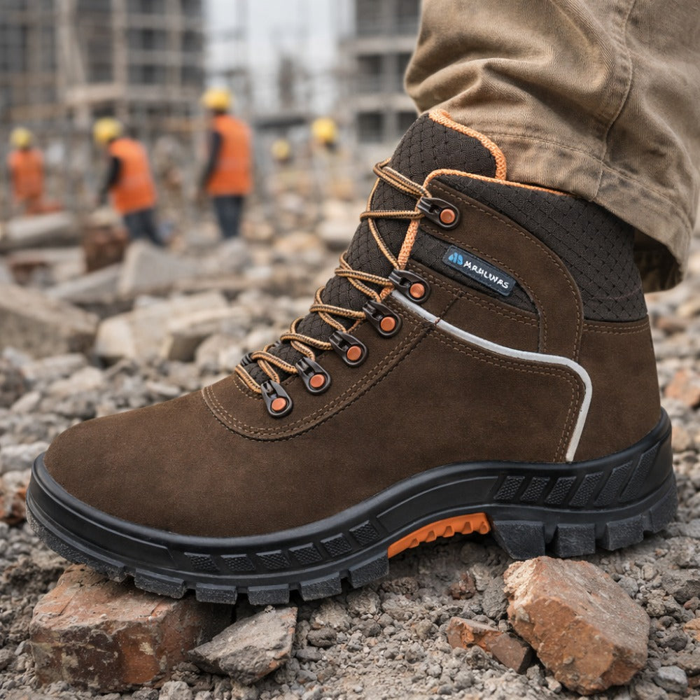 Botina de Segurança Cadarço Bico PVC Couro Nobuck Marrom Claro Marluvas Premier 75BPR29 MSMC BP C.A 41370