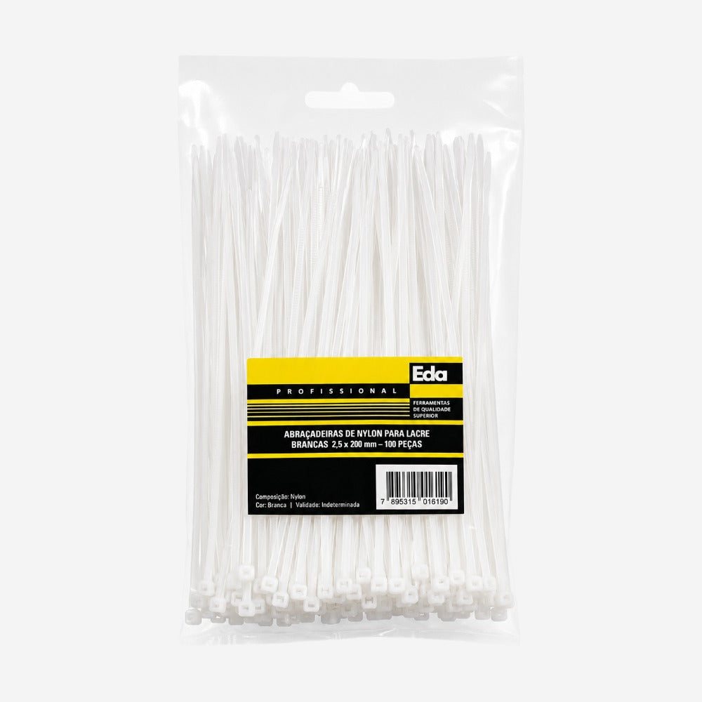 Abraçadeira em Nylon Branca 2,5x200mm Pacote com 100 Peças Eda 8NE