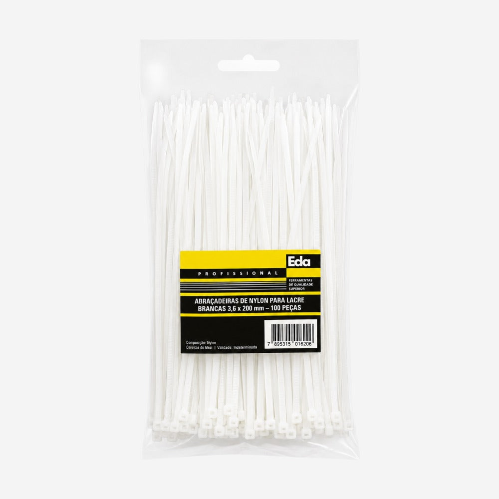 Abraçadeira em Nylon Branca 3,6x200mm Pacote com 100 Peças Eda 8ZS