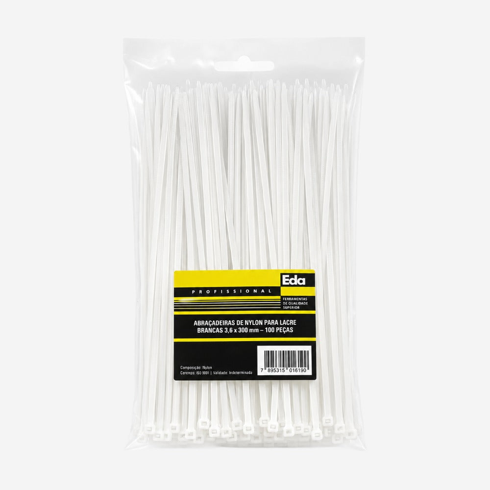 Abraçadeira em Nylon Branca 3,6x300mm Pacote com 100 Peças Eda 8NF