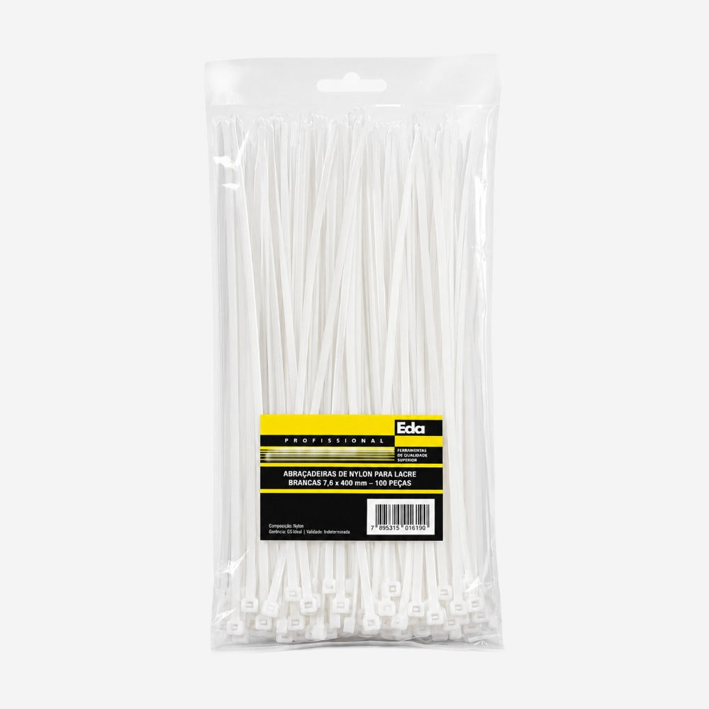 Abraçadeira em Nylon Branca 7,6x400mm Pacote com 50 Peças Eda 9YS