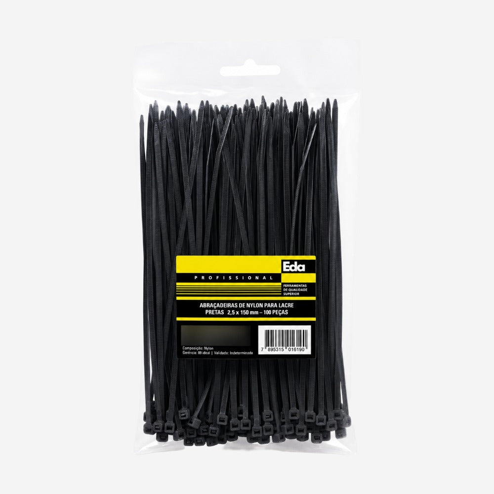 Abraçadeira em Nylon Preta 2,5x150mm Pacote com 100 Peças Eda 9LM