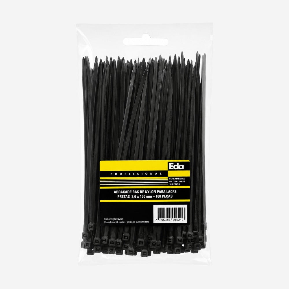 Abraçadeira em Nylon Preta 3,6x150mm Pacote com 100 Peças Eda 9LO