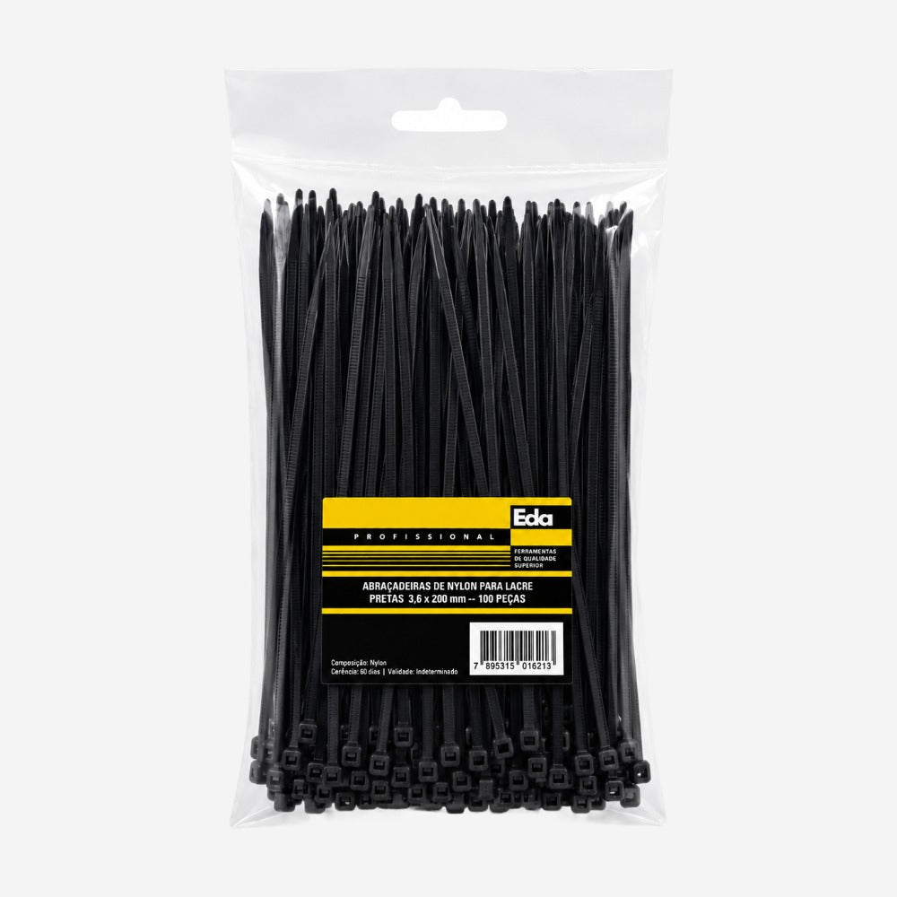 Abraçadeira em Nylon Preta 3,6x200mm Pacote com 100 Peças Eda 9LP