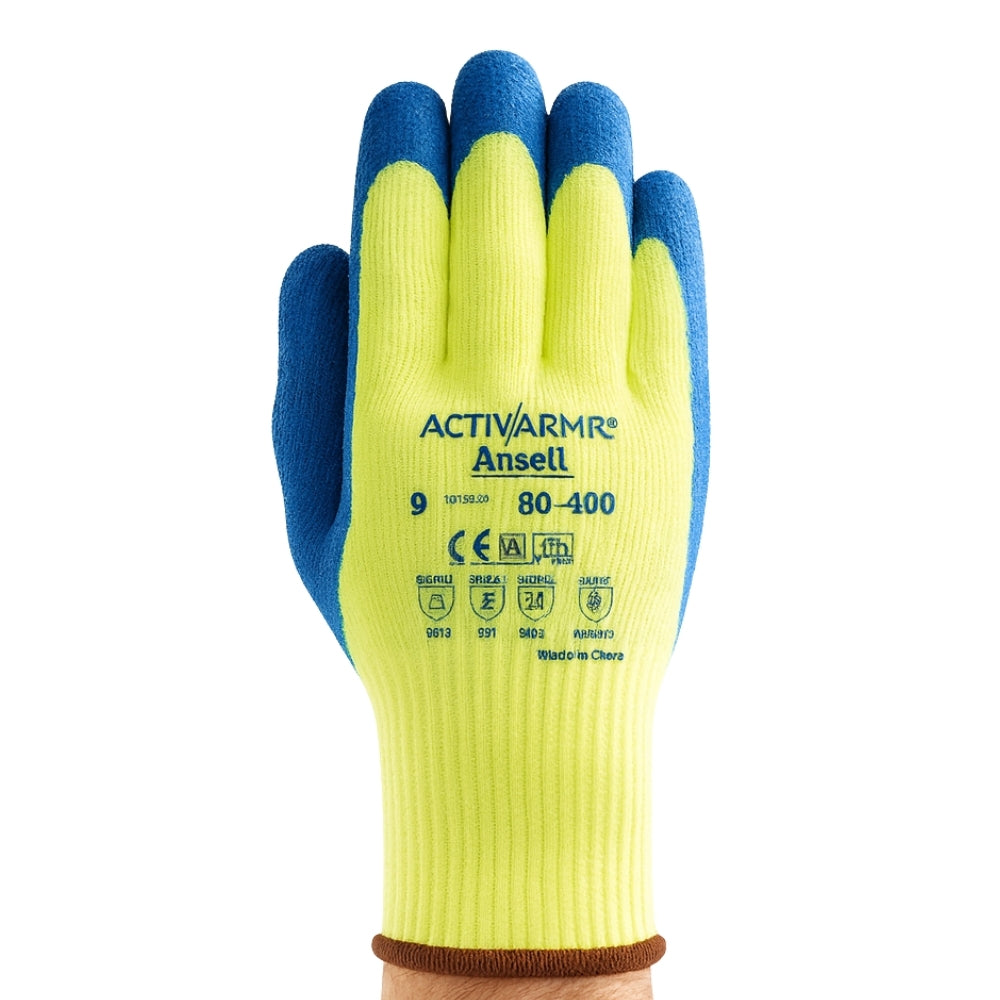 Luva de Proteção Baixas Temperaturas -30˚C Tricotada Látex Forro em Lã Azul e Verde Ansell ActivArmr 80-400 CA 44673