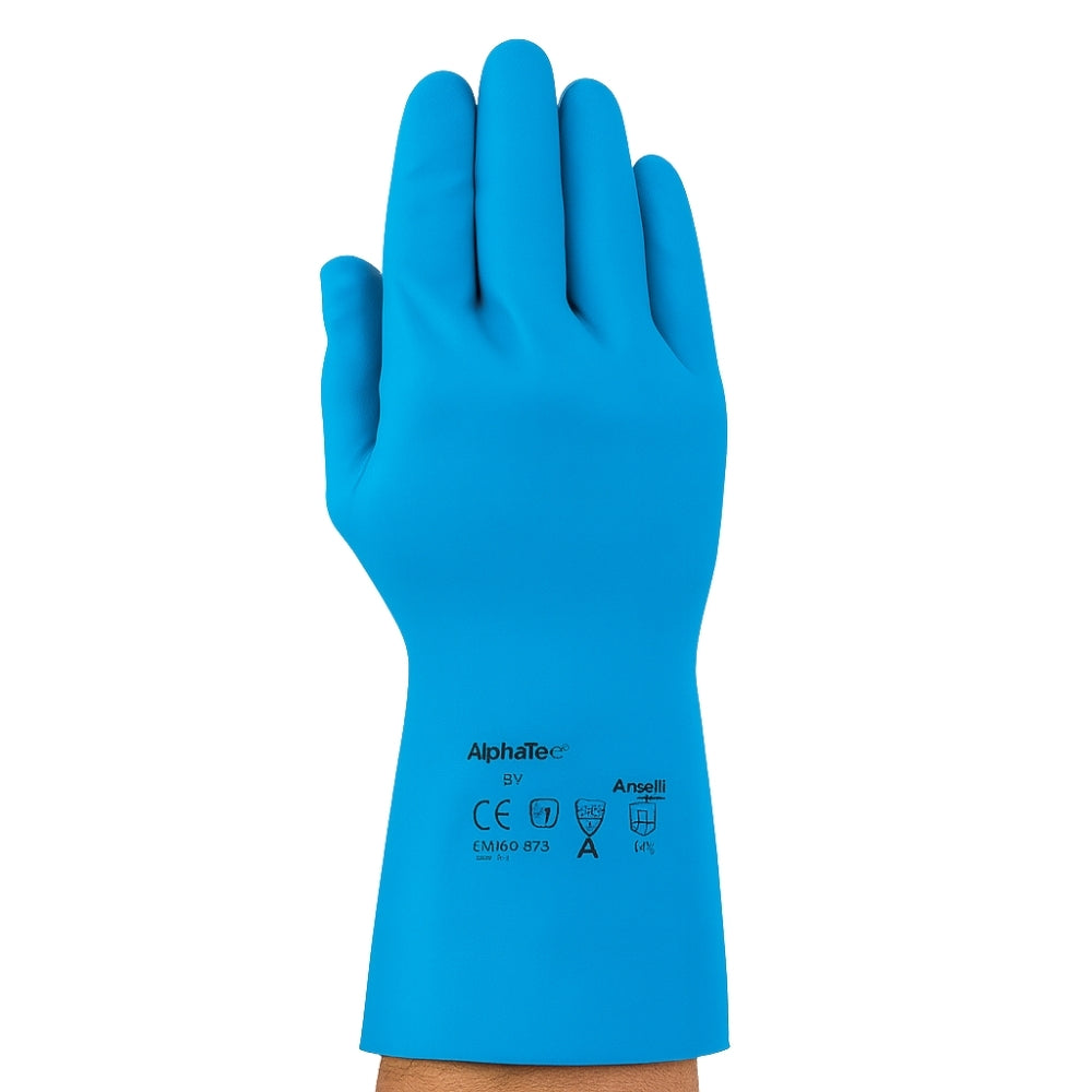 Luva de Proteção Reutilizável Produtos Químicos Alimentos Abrasão Nitrílica Azul Ansell AlphaTec 37-210 CA 33858