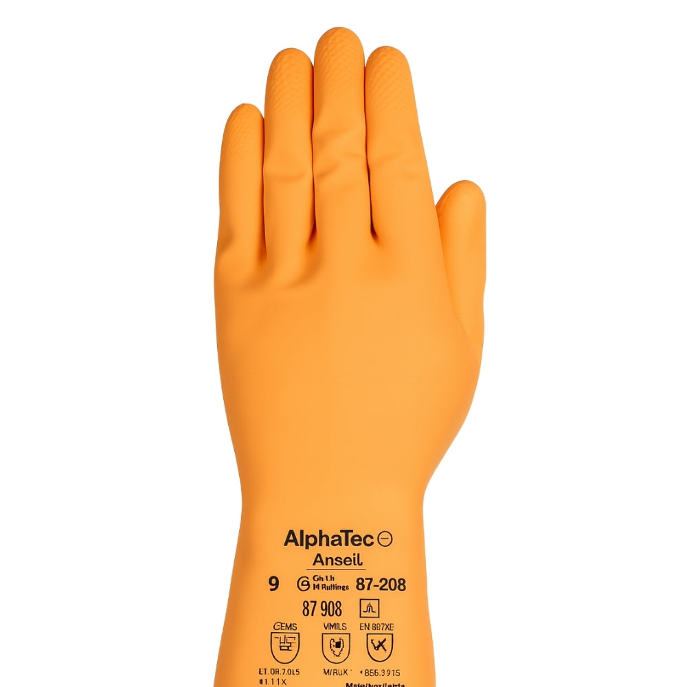 Luva de Proteção Produtos Químicos Flocada Látex de Borracha Natural Laranja 32,5cm Ansell AlphaTec 87-208 CA 12869