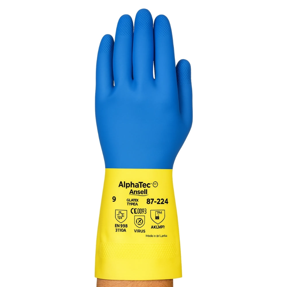 Luva de Proteção Produtos Químicos Flocada Neoprene Látex Azul e Amarelo Ansell AlphaTec 87-224 CA 12872