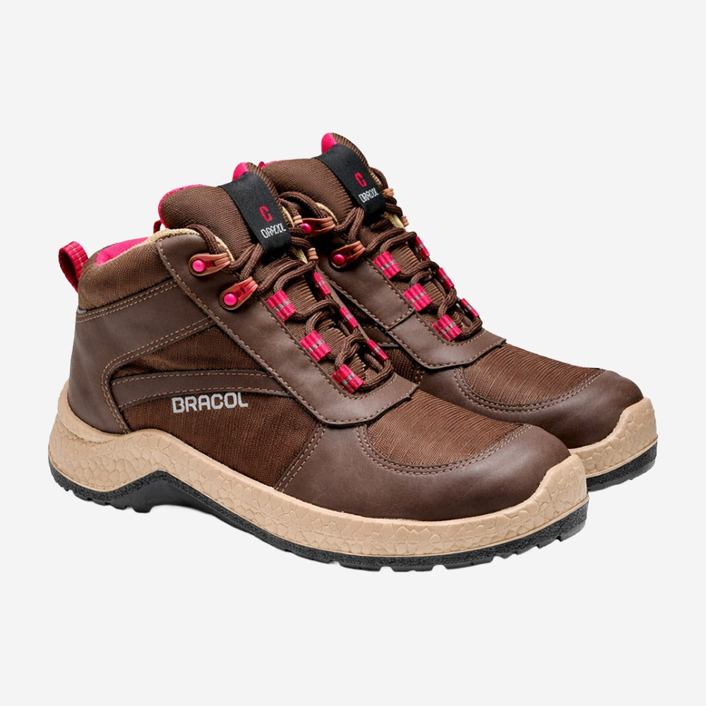 Botina de Segurança Feminina Cadarço Bico PVC Microfibra Marrom e Rosa Bracol Jade 4038BHFM4700LL C.A 42307