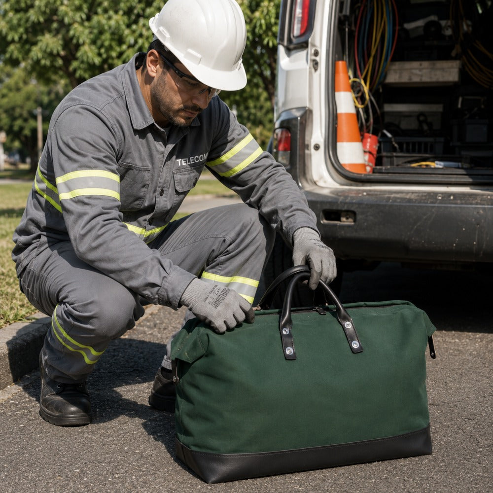 Bolsa de Lona Verde para Ferramentas e EPIs Telecom Eletricista Resistente 45x22x30cm 15kg Transporte Profissional