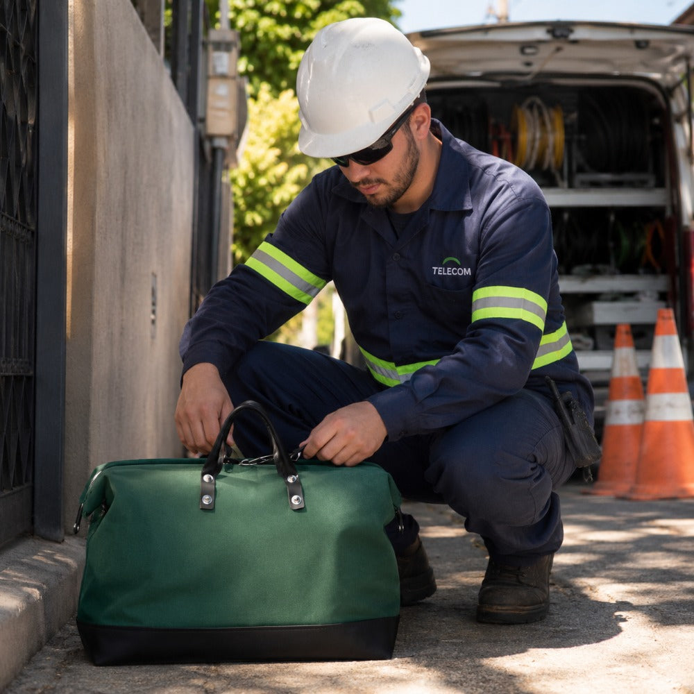 Bolsa de Lona Verde para Ferramentas e EPIs Telecom Eletricista Resistente 45x22x30cm 15kg Transporte Profissional