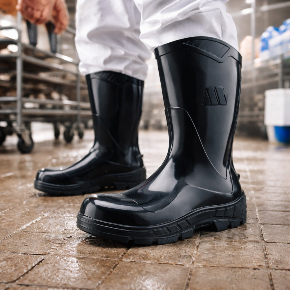 Bota de PVC Bico Aço Cano Médio 25cm Preta Com Forro Solado Antiderrapante Marluvas 100AWORKF CM PR A C.A 48256