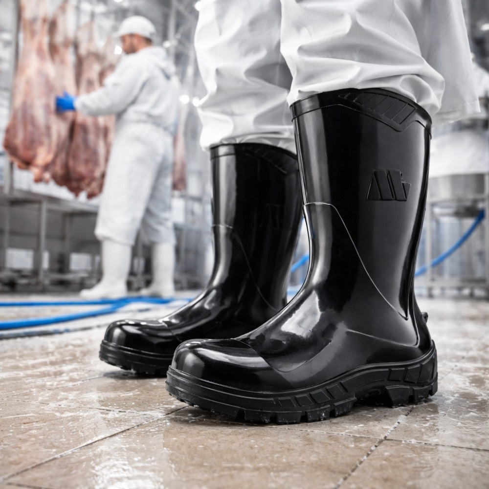 Bota de PVC Bico Aço Cano Médio 25cm Preta Com Forro Solado Antiderrapante Marluvas 100AWORKF CM PR A C.A 48256